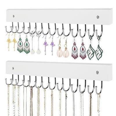 Necklace Holder Wall Mounted Jewelry Organizer - 2 Pack Wooden with 28 Hooks, Hanging Earring & Ring Bracelet Storage, Decorative Space-Saving Jewelry Display (White)