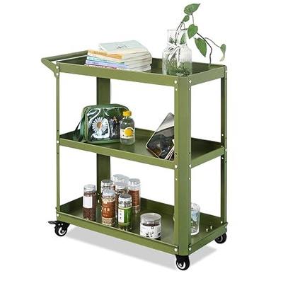 3 Tier Metal Utility Rolling Cart with Wheels, Green | Heavy Duty Storage Organizer, 330Lbs Capacity, Multi-Purpose, For Kitchen, Bathroom, Office, Bedroom
