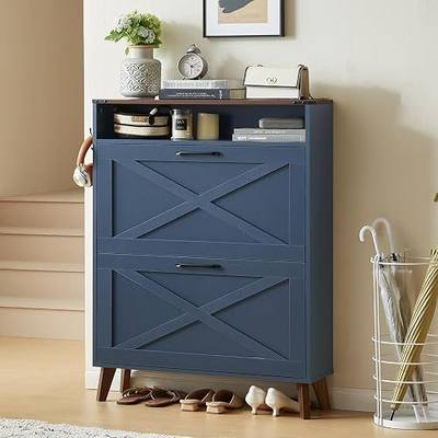 Joaxswe Shoe Cabinet Storage for Entryway with 2 Flip Drawers 2 Hook Open Storage Layer Rack Narrow Organizer Slim Hidden Wood Shoe Cabinet Furniture Dark Blue