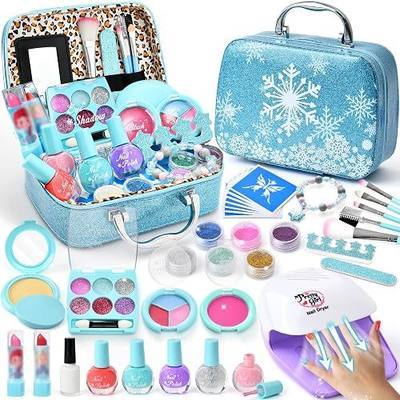 Golray Kids Makeup Kit with Nail Art for Girls Toys, Nail Polish & Dryer/Real Washable Makeup/Glitter Tattoo/Snow Cosmetic Case, Winter Pretend Play Ice Birthday Gifts for Kids 3 4 5 6 7 8+ Years Old