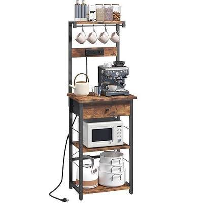 MAHANCRIS Bakers Rack with Drawer, Microwave Stand with Power Outlet, Coffee Bar Station with 4 Hooks, Kitchen Storage Shelf Rack 4 Tiers, for Kitchen, Dining Room, Rustic Brown and Black BRHR48E01