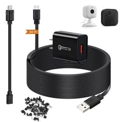 50ft Power Extension Cable Compatible with Blink Mini 2, Blink Mini and Blink Outdoor 4 Cameras - 15m Long Flat Micro USB Charging Cord with 30cm USB C Waterproof Adapter and 18W Fast Charger, Black