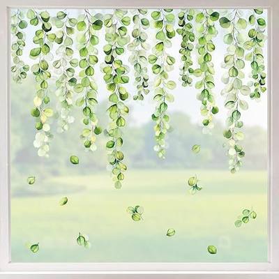 Whaline 9 Sheets Hanging Greenery Vine Window Cling Stickers Green Eucalyptus Leaves Window Decals Watercolor Reusable Windows Decoration for Spring Summer Party Home Classroom