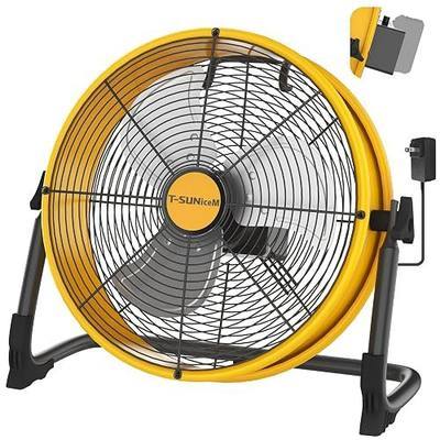 16" Battery Powered Cordless Floor Fan, Compatible with Dewalt 20V | Portable Fan with AC Adapter and USB Output, Metal Industrial High Velocity, Stepless Speed Cordless Fan for Jobsite Camping