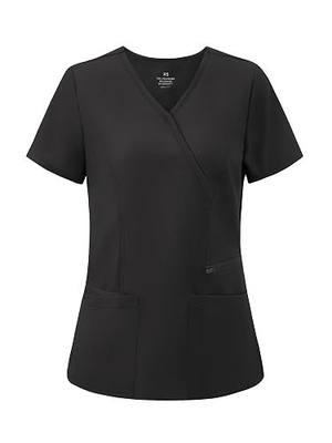 Scrub Tops for Woman, Mock Wrap Tops | 3 Pockets, V-neck, Back Princess Seams, Short Sleeve, Soft Fabric, Lightweight & Breathable, Easy Care, for Flexible Movement