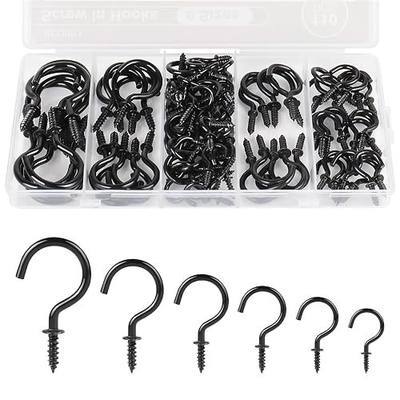 RELBRO Screw Hooks, 6 Sizes Metal Screw in Cup Hooks, Black, 110 Pcs | 1/2 Inch, 5/8 Inch, 3/4 Inch, 7/8 Inch, 1 Inch, 1-1/4 Inch, Twist in, for Hanging Cups String Lights Jewelry Necklace Key