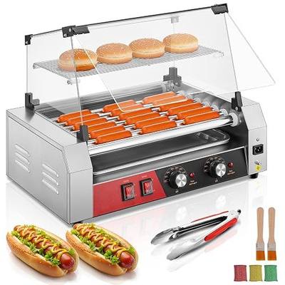 FOHERE Hot Dog Roller 7 Rollers 18-24 Hot Dogs Capacity, 1050W Stainless Steel Hot Dog Machine with Bun Warmer Shelf, Dual Temp Control, Glass Cover, Removable Tray for Commercial and Party