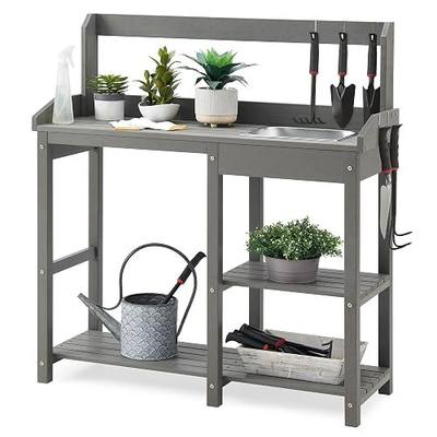 Psilvam Outdoor Potting Bench Table with Sink for Outside Garden, Gray | HDPE Garden Workstation with Tool Hooks & Removeable Stainless Sink, All-Weather Patio Potting Table for Backyard