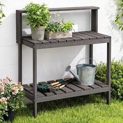Psilvam Outdoor Potting Bench, HDPE Patio Potting Table for Porch, Gray | All-Weather Garden Work Bench with Tool Hooks for Porch & Backyard, No Rust, No Fade, Rot-Resistant