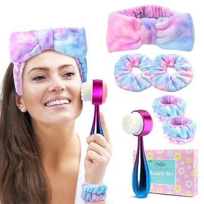 my novel things Facial Cleansing Brush, Headband for Washing Face with Silicone Double Side Manual Face Scrubber Brush, Skincare Headband and Wristband Set, 2 Hair Scrunchie, for Makeup Rainbow