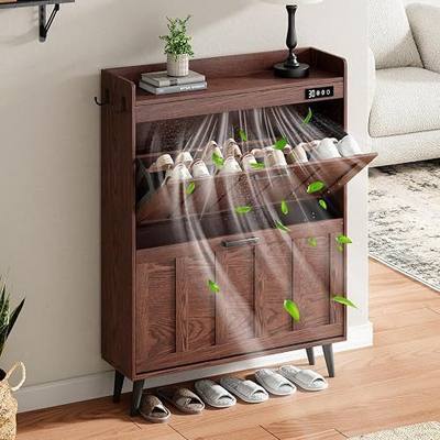 ChooChoo Shoe Storage Cabinet with 2 Flip Drawers and Deodorizer | Shoe Organizer Storage for Entryway, Freestanding Hidden Slim Narrow Shoe Rack Cabinet, Walnut