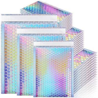Holographic Bubble Mailers Shipping Bags, 50 Pack, 3 Sizes | Waterproof Self Seal Adhesive Foil Glitter Glamour Shipping Bags for Mailing Packing, Small Business, Jewelry Makeup Supplies