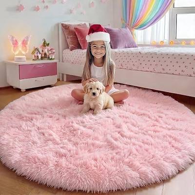 ONASAR Light Pink Fluffy Round Rug 4ft for Girls Bedroom, Circle Area Rugs for Kids Teen, Soft Plush Shaggy Circular Carpet for Nursery Dorm Classroom Playroom Living Room Home Decor Aesthetic