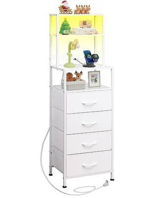 WLIVE Tall Nightstand with Charging Station, LED Night Stand with 4 Drawers and Storage Open Shelves, Fabric Dresser for Bedroom, Office, White