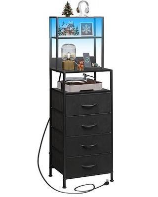 WLIVE Tall Nightstand with Charging Station, LED Night Stand with 4 Drawers and Storage Open Shelves, Fabric Dresser for Bedroom, Office, Black