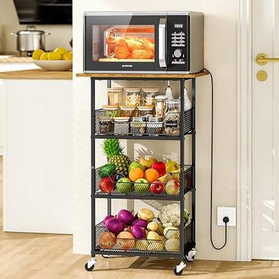 ThreeHio Rolling Kitchen Microwave Cart with Fruit Baskets, 4 Tier Microwave Table Stand with Storage, Kitchen Storge Shelf on Wheels Small Rolling Cart Organizer Rack for Pantry, Living Room