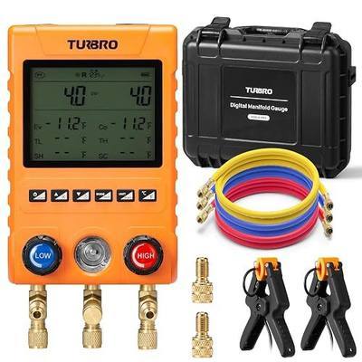 TURBRO Digital Manifold Gauge Set with 2 Wired Temperature Clamps and 3 Hoses, HVAC System Pressure and Temperature Measurement, Compatible with 88 Refrigerants, MG800-PRO