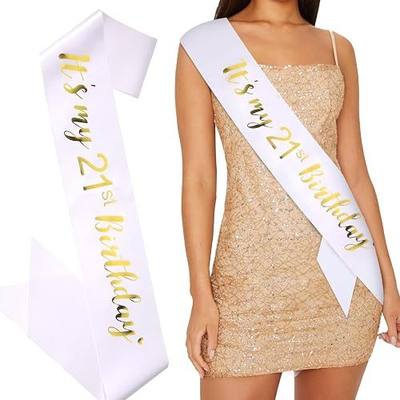 White 21st Birthday Sash - 'It's My 21st Birthday' - Female - 1 Count (Pack of 1) - Satin Fabric - Party Photobooth Props