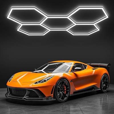 Hexagon Garage Lights, LED Honeycomb Lights Ceiling, 192W, 23040LM, 6500K Super Bright, 5 Grid Systems Car Detailing Light for Garage Warehouse Workshop Basement Gym