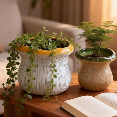2 Pack Ceramic Plant Pots with Drainage Hole, Two-Tone Textured Planters for Indoor Outdoor Plants, Small Decorative Flower Pots for Succulents Herbs Houseplants