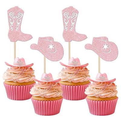 24 PCS Cowboy Cupcake Toppers Glitter Cowgirl Hats Boots Cupcake Picks Western Party Decorations for Boys Girls Western Theme Baby Shower Birthday Party Cake Decorations Supplies Light Pink