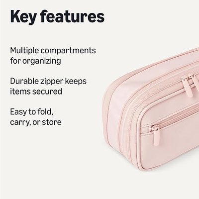 Amazon Basics Large Capacity Pencil Case with Durable Zipper, Multi-Compartment, Storage Space, Easy to Carry, Rose Mild