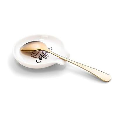 Coffee Spoon Rest with spoon, Mini Coffee Spoon Holder, Small Ceramic Spoon Rest for Coffee Stirrers, Teaspoon, Coffee Bar Accessories, (Ceramic Coffee Spoon Rest with Pattern & Gold Ellipse Spoon)