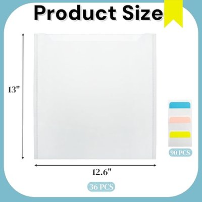 36 Pack 12 x 12 Scrapbook Paper Storage Organizer, Cardstock Paper Holder with 90 PCS Sticky Index Tab, Clear Top Loading File Folder, Plastic Craft Storage Organizer for Vinyl Papers, Photos