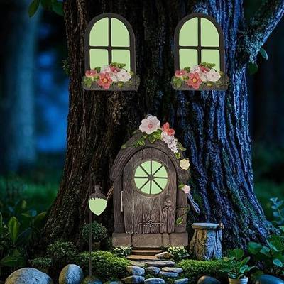 FESTGLOX Fairy Garden Door Windows for Tree Trunk Outdoor, Glow in the Dark | Fairy Garden Miniature Accessories for Tree, Resin Fairy House Kit with Fairy Lantern for Gnome, Yard, Lawn, Garden Decor