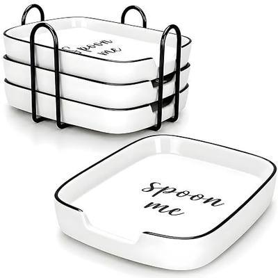 4 Pack White Ceramic Spoon Rest for Stove Top, Durable Spoon Rest Set with Metal Holder, Heat-Resistant Cooking utensils Rest, Large Spoon Rest for Kitchen Counter, Modern Farmhouse Kitchen Décor