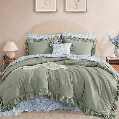 BLOOMHAVEN Queen Comforter Set - 7 Pieces Ruffle Sage Green Bedding Sets, Shabby Chic Farmhouse Bed in a Bag Queen with Ruffle Comforter, Floral Sheets, Pillowcases & Shams