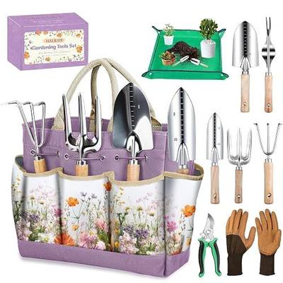 Gardening Tools 9-Piece Heavy-Duty Garden Tools Set, Stainless Steel Garden Hand Tools with Purple Floral Tote Bag and Repotting Mat Garden Supplies Kit Gifts for Women