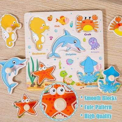 8Pcs Wooden Puzzle for Toddler 1-3, Peg Puzzles for Toddler 2-4, Montessori Learning Toys with Animals, Dinosaur, Fruits & More, Preschool Puzzle Set Educational Toys Toddler Gifts for Girls Boys