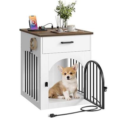 CHOEZON Dog Crate Furniture, Wooden Dog Kennel with Charging Station and Storage Drawer, Indoor Pet Crate End Table for Small Breeds, Dog Cage for Living Room, Bedroom, White and Walnut MGW01UWL