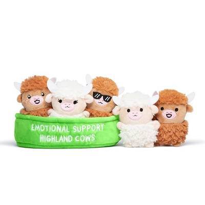 Emotional Support Highland Cows by Relatable, Cuddly Stuffed Animals, Plushies, and Cute Stuff, Great Back to School Gifts and Desk Accessories for All Ages, Includes 5 Toys with Carrying Basket