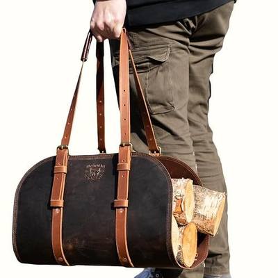 Woodman's Pal Premium Buffalo Leather Log Carrier, Luxury Handcrafted Firewood Carrier, Heavy-Duty Firewood Bag for Wood Carrying, Made in USA - Ideal for Outdoors and Camping (Crazy Horse Black)