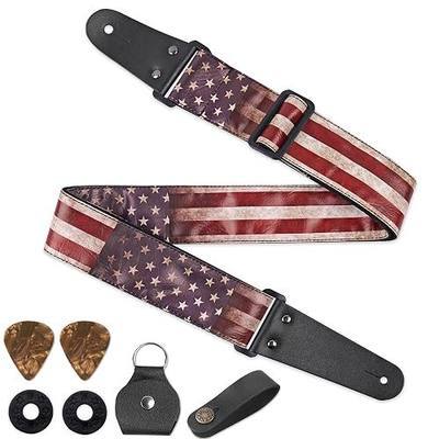 Adjustable Guitar Strap Includes 2 Strap Locks & 2 Matching Picks & 1 Picks Holder & 1 leather Strap Button.