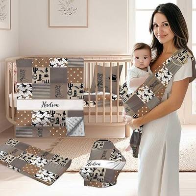 Custom Name Baby Crib Bedding Sets for Boys Girls, 3 Piece Personalized Cowboy Baby Crib Set, Minky Dot Blanket, Fitted Sheet, Baby Changing Pad Cover, Nursery Bedding Sets for Infant Toddler