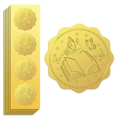 Peacoblue Book Butterfly Gold Seal Stickers, Embossed Foil Envelope Seals | 100PCS 2 Inch Self Adhesive Gold Stickers, Raised Embossed Design for Invitations, Envelopes, Tickets & Certificates