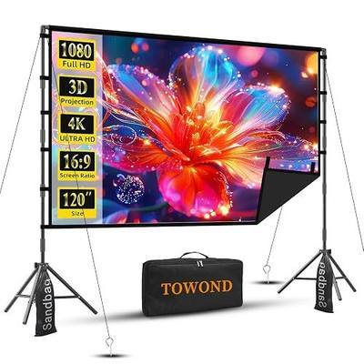 120 Inch Projector Screen TOWOND with Stand, Extra-Stable Large Iron Base | Opaque black backing limits light interference for front projection; 25mm tripod suits home theater and backyard movies.