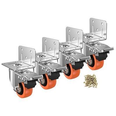 2" L-Shaped Caster Wheels Set of 4, Side Mount Swivel Casters | With Brake, Polyurethane Wheels, Non-Marking. 360° Double Ball Bearing. For Baby Bed, Cabinet, Drawer, Workbench.