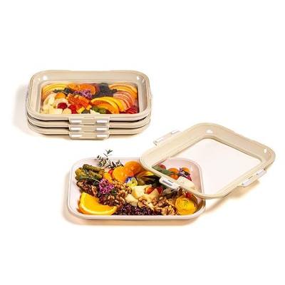 Crudités | Portable Snack Tray | Rectangle 4-Pack | Cream White | Reversible Stretch Lid Food Containers | BPA-Free, Freezer & Dishwasher Safe | Meal-Prep, Charcuterie, Salads, Picnic, Travel