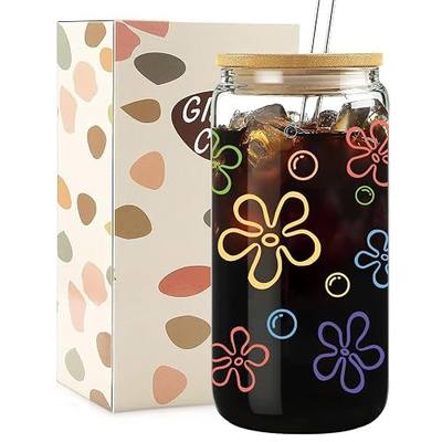 Mikopei Cute Glass Cups with Lids and Straws - Flowers and Bubbles Iced Coffee Cup for Adults, Unique Gifts for Women Men, Funny Unique Decor Party Birthday Decorations, 16 oz