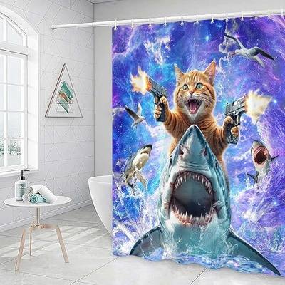 Funny Cat Shower Curtain for Kids, Cute Kitten Riding Shark Ocean Theme Hilarious Cool Fun Grey Purple Wave Animal Nautical Whale Boys Bathroom Sets Decor Fabric Polyester Waterproof 12 Pack Hooks