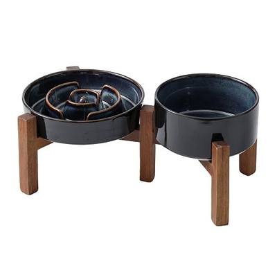 Havniva Raised Slow Feeder Dog Bowls, Elevated Dog Bowls Slow Feeder Set | 1.2 Cups Ceramic Dog Bowl Elevated with Acacia Wood Stand, Raised Dog Food Bowl, Puzzle Slow Feeder for Small Dogs, Non-Slip
