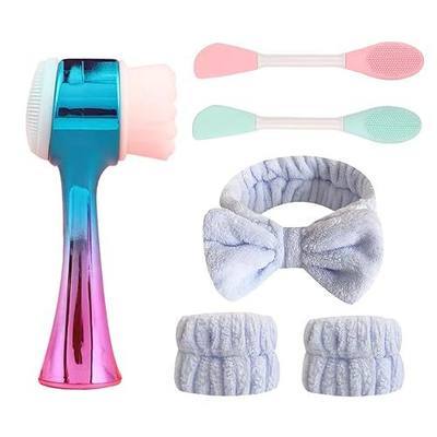 Manual Facial Cleansing Brush, 2-in-1 Skin Care face Brush, Skincare Headband and Wristband Set, 2 Pcs Face Mask Brush,6PCS (Green+Blue)