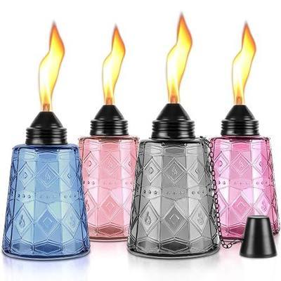 4-Pack Glass Table Top Torches - 12oz Refillable Citronella Torches Canisters for Outdoor, Includes Wick & Cap, Decorative Lanterns for Patio, Garden, Yard, Party, Landscape(Multi-Color)