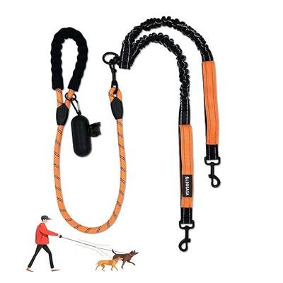 Double Dogs Leash - Removable Main Lead Rope with Splitter, No Tangle 2 Dog Coupler, Reflective No Pull Bungee, 3 Handle, D-Ring, Extra Long for Walk Train Medium Large Two Pet (Orange)