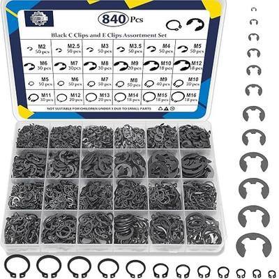 ZQZ 840Pcs C Clips Assortment (M5-M16) and E Clips Assortment Set (2.0mm-12mm), External Retaining Rings, 24 Sizes Snap Rings Assortment Kit, Black Carbon Steel Circlip Retaining Clip