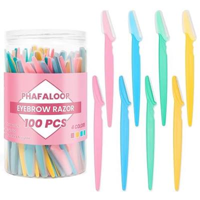 Eyebrow & Face Razors, Dermaplaning Tool, 100 Pack | 100 Pack eyebrow and face razors with protective covers for dermaplaning, peach fuzz removal and precise eyebrow shaping